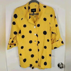 TALIE Yellow Black Polka Dot Linen Blend‎ Button Front 3/4 Sleeve Shirt Top M